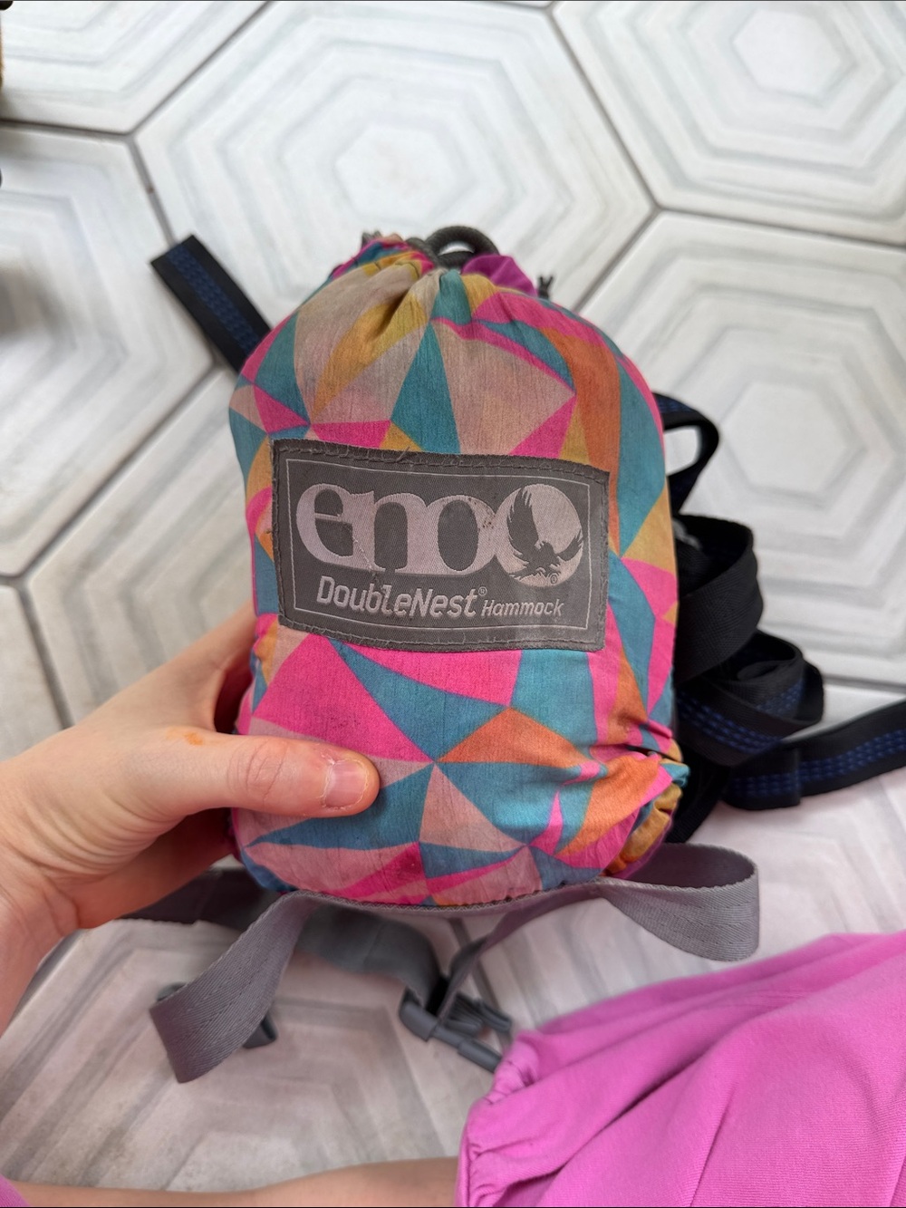 Eno DoubleNest Colorful Hammock with Tree Straps - Pink Teal Geometric